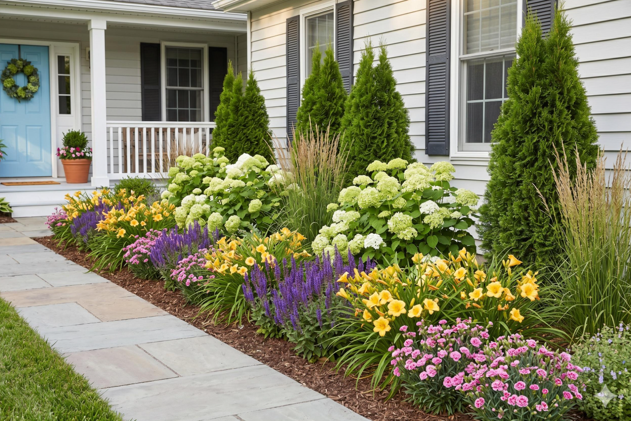 Residential garden installation with colorful flowers, fresh mulch and ornamental shrubs in Utah